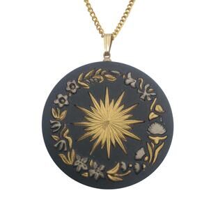 Vintage Charcoal-Colored Midnight Sun Circle Damascene Style Pendant Necklace